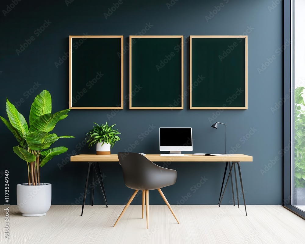 Fototapeta premium Artistic office space with customdesigned wooden furniture and a gallery of inspirational art, smart and charming concept