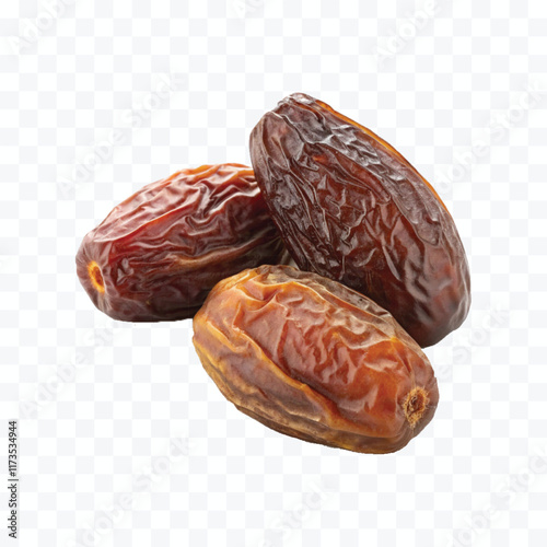 abstract 3d semi-dried dates or date palm fruits lie on palm leaves isolated on white background

