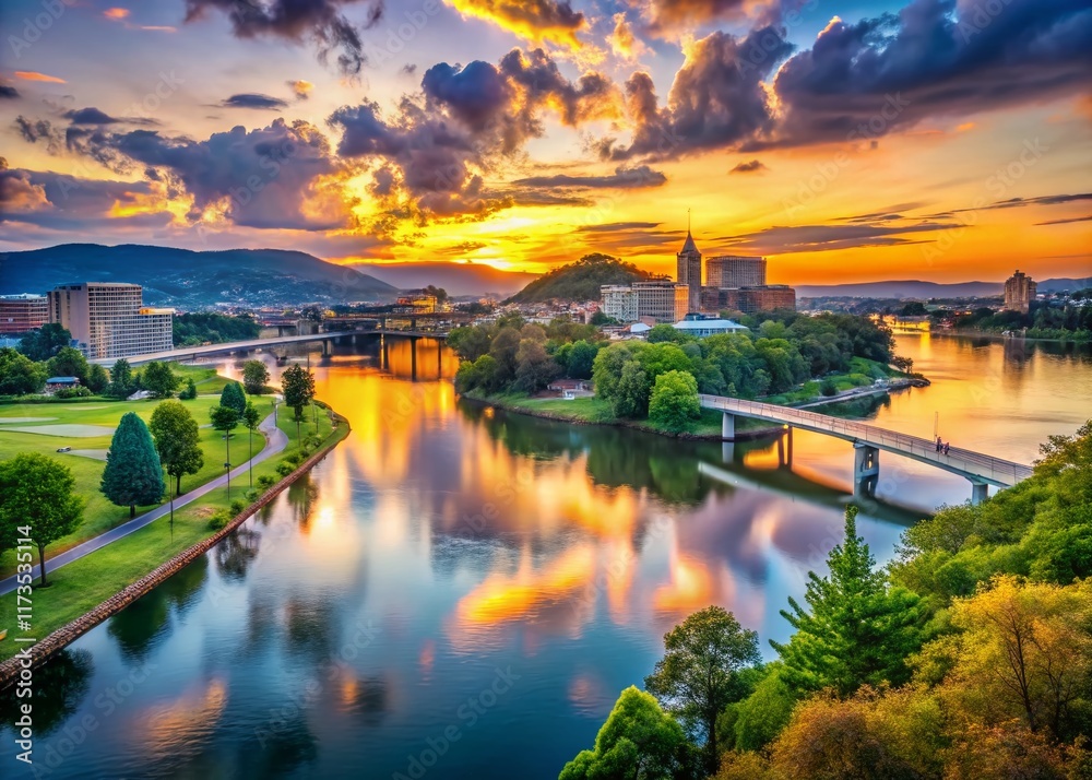 Fototapeta premium Scenic Chattanooga Riverfront at Sunset, Tennessee River, Downtown Skyline