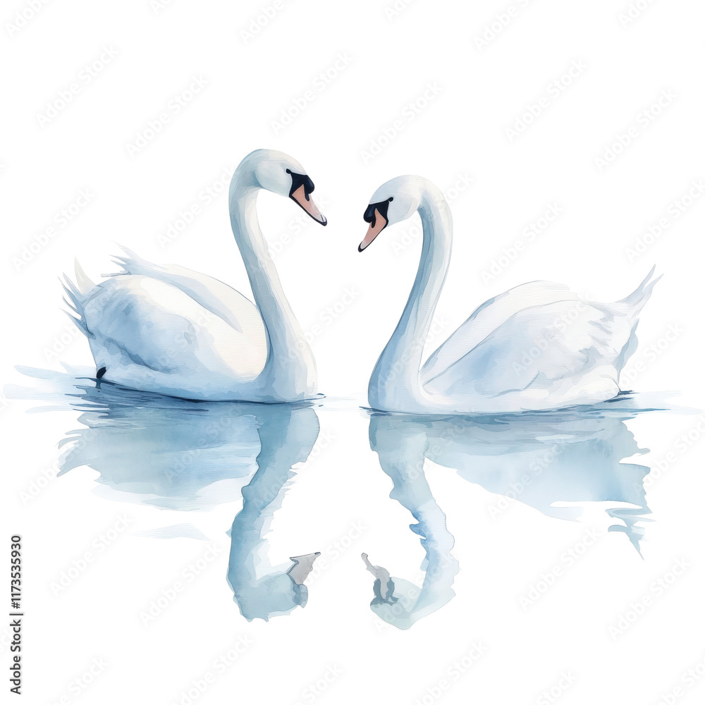 Obraz premium Two elegant swans swimming gracefully side by side, their reflections shimmering on water surface, create serene and romantic atmosphere
