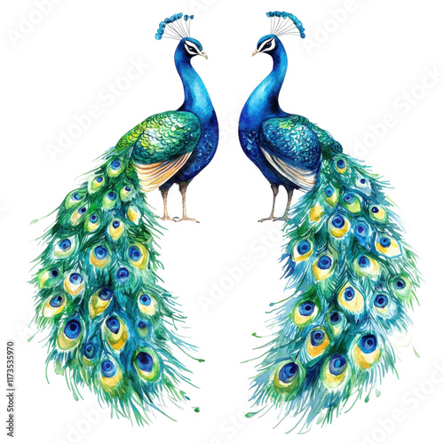 Two vibrant watercolor peacocks with fanned tails display stunning colors and intricate patterns, showcasing their beauty and elegance in captivating manner photo