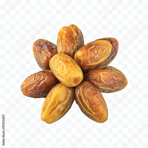abstract 3d semi-dried dates or date palm fruits lie on palm leaves isolated on white background

