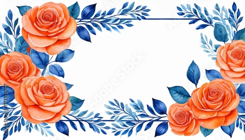 watercolor floral frame with orange roses and blue leaves template for quotes and greetings cards