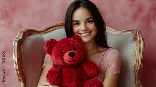 A woman with a gentle smile, hugging a red bear plush toy, seated on a cozy chair with a light pink wall in the background. photo