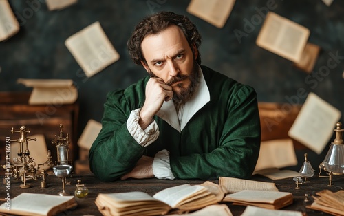 Shakespearean scholar, pensive expression