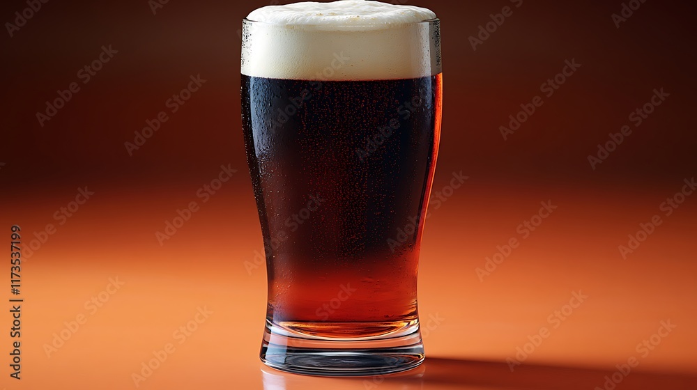 Dark beer, glass, foam, studio, orange backdrop, drinks menu. Dark beer, glass, foam, studio, orange backdrop, drinks menu.