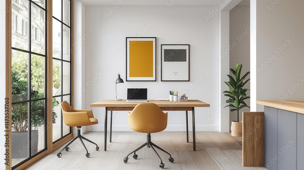 Chic workspace with Scandinavianinspired wooden desks and vibrant artwork, creating a stylish and productive atmosphere, smart and charming concept Chic workspace with Scandinavianinspired wooden desks and vibrant artwork, creating a stylish and productive atmosphere, smart and charming concept