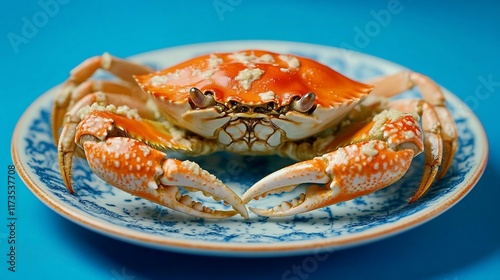 Cooked crab on plate, blue background, food photography, recipe photo