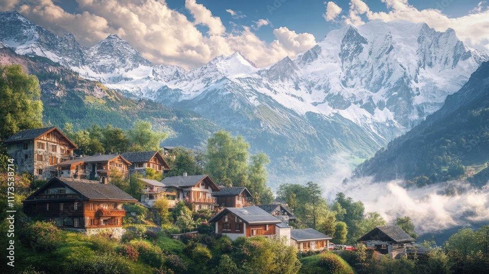 A picturesque alpine village nestled among snow-capped mountains, showcasing traditional architecture and a cozy atmosphere. 8k, realistic, full ultra HD, high resolution, and cinematic photography A picturesque alpine village nestled among snow-capped mountains, showcasing traditional architecture and a cozy atmosphere. 8k, realistic, full ultra HD, high resolution, and cinematic photography