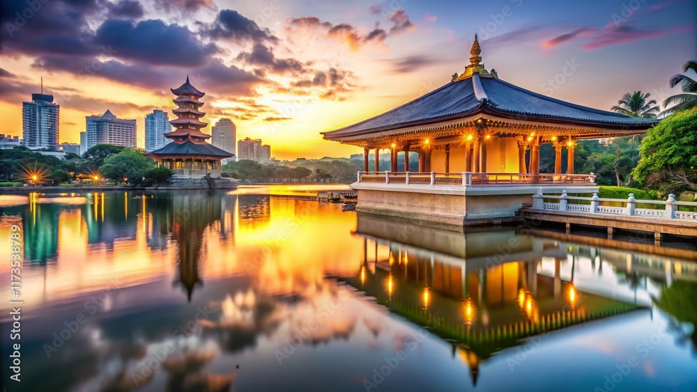 Obraz premium Serene Colombo Temple on Lake: Seema Malaka's Peaceful Dawn