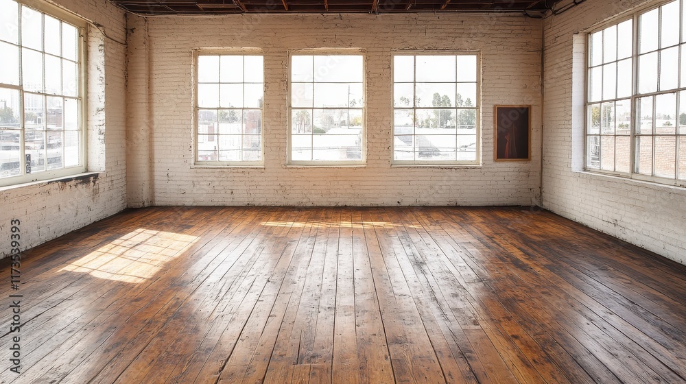 Spacious empty room with exposed brick walls, large windows, and hardwood floors. Spacious empty room with exposed brick walls, large windows, and hardwood floors.