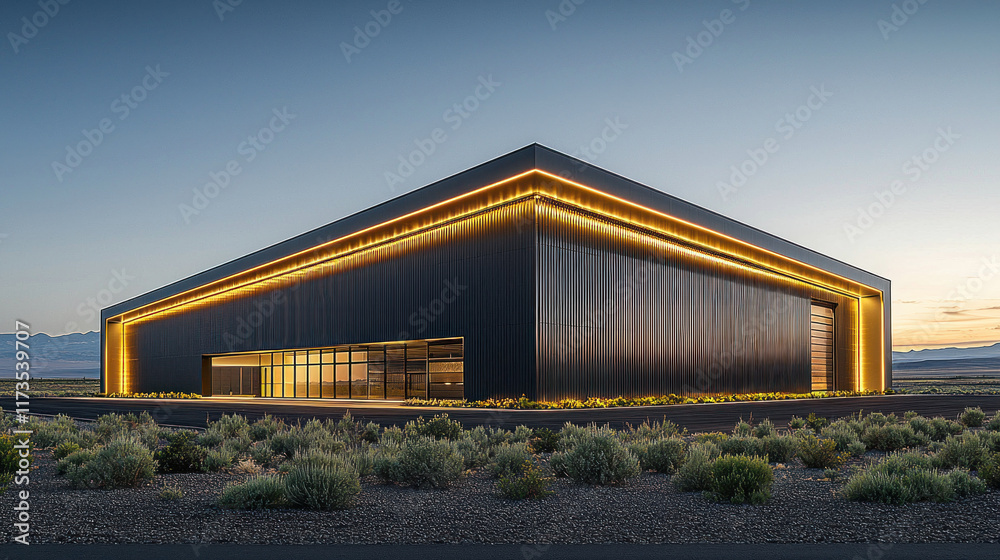 Obraz premium Modern illuminated warehouse at desert sunset. Industrial building exterior, potential storage/distribution center
