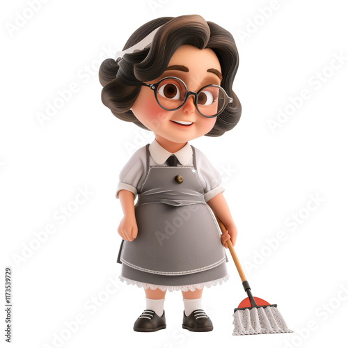 smiling fun housewife woman character doing housework hold duster brush isolated. Housekeeping cleaning tidying up concept, isolated, png, transparent, clipart, transparent background, cutout, cut-out