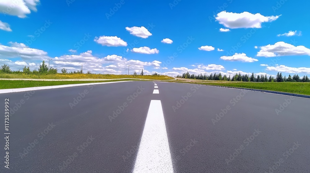 Fototapeta premium Empty asphalt road set against a bright blue sky with white fluffy clouds