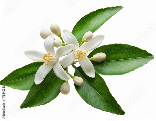 neroli twig citrus aurantium with blossom and fruits branch isolated on transparent white background