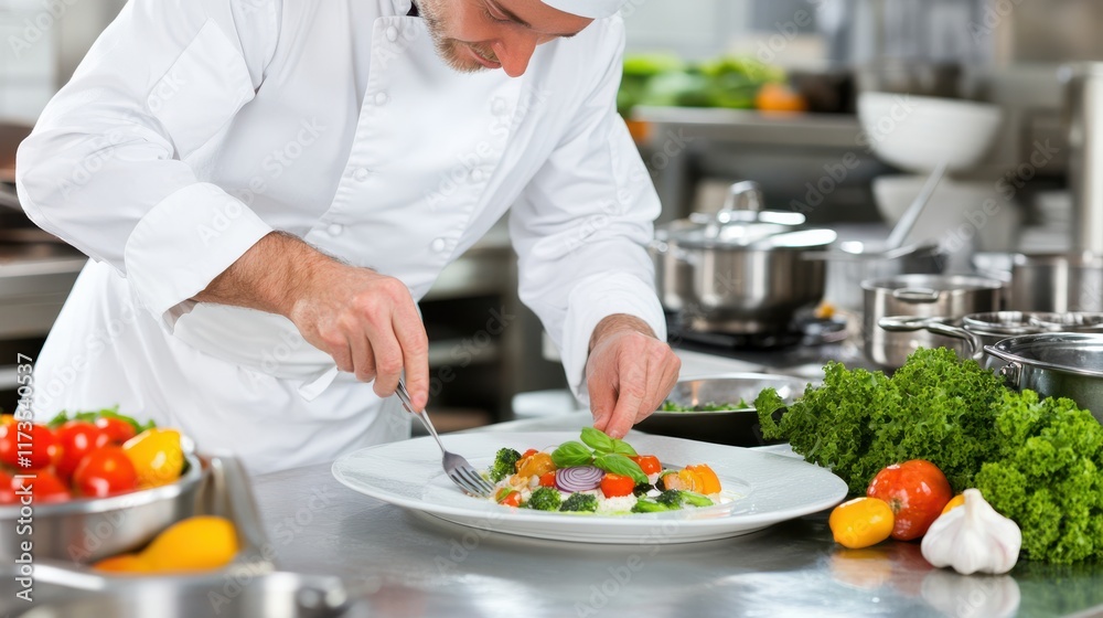 A focused chef meticulously garnishes a dish in a vibrant kitchen, embodying culinary artistry amidst bustling activity. A focused chef meticulously garnishes a dish in a vibrant kitchen, embodying culinary artistry amidst bustling activity.