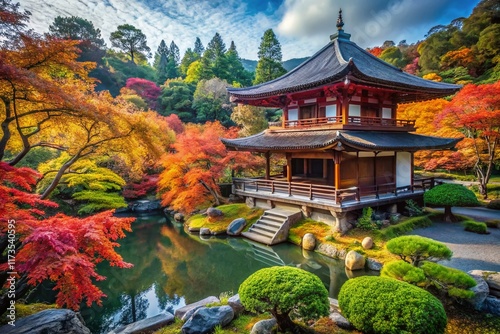 Serene Konchi-in Temple Garden, Kyoto, Japan: Autumn Leaves and Zen Architecture