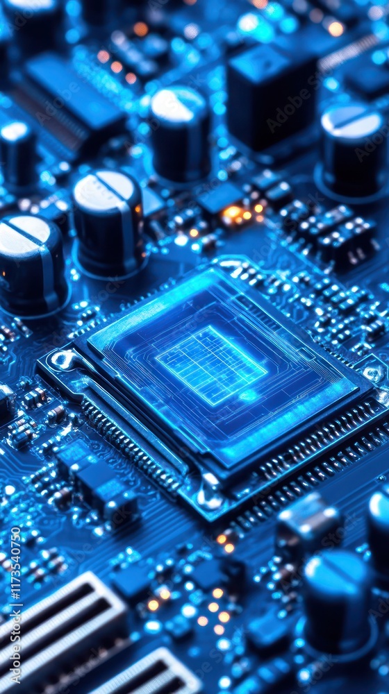 Close-up of a computer circuit board with a central processing unit (CPU).  Complex electronic components, traces, and integrated circuits are visible. 