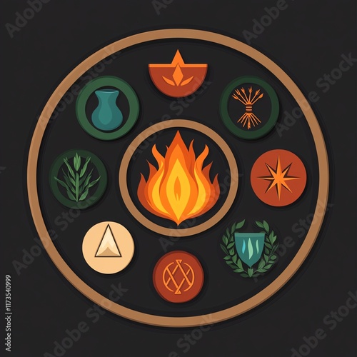 Circular fire symbol with elemental icons