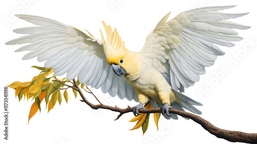 Yellow-Crested Cockatoo white parrot sitting on the branch in Park isolated on light background, isolated, png, transparent, clipart, transparent background, cutout, cut-out photo