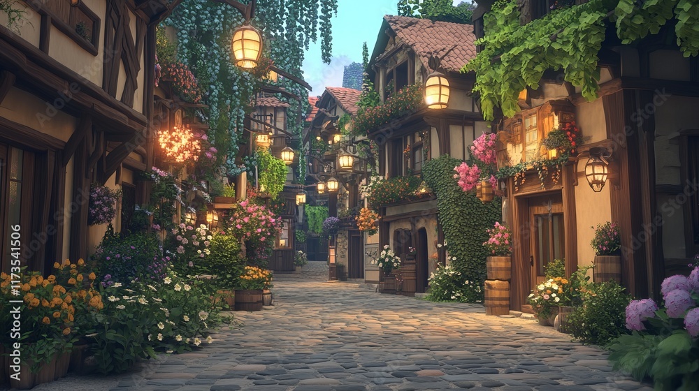 Fototapeta premium A delightful cobblestone street adorned with vibrant flowers and glowing lanterns, creating a picturesque village atmosphere full of charm and beauty.