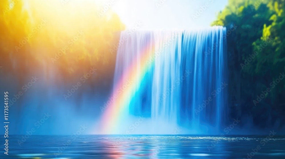Obraz premium Majestic waterfall cascading into a calm pool with a vibrant rainbow.