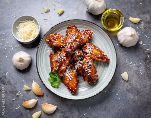 buffalo wings in a garlic and parmesan coating isolated on a gray marble background garnished with parmesan flakes and garlic cloves