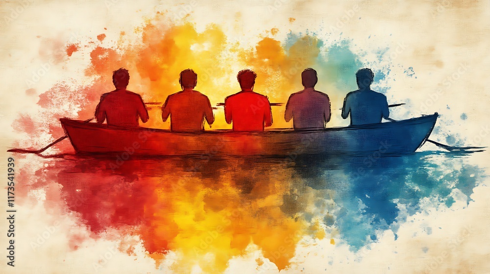 Five Men Rowing A Boat Together In Harmony