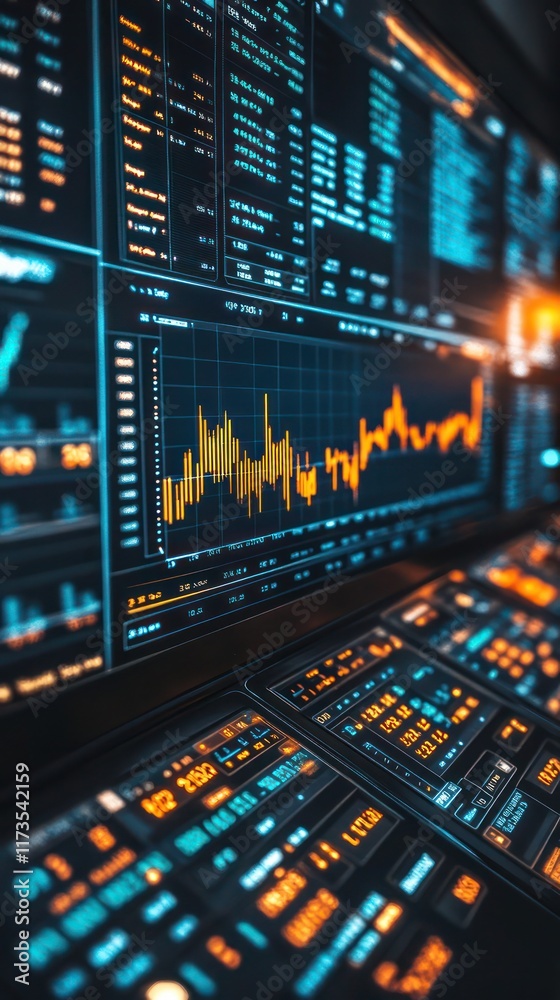 Close-up of multiple data screens displaying financial charts and graphs. Complex financial data visualization on multiple monitors. Modern trading desk. Data analysis. Close-up of multiple data screens displaying financial charts and graphs. Complex financial data visualization on multiple monitors. Modern trading desk. Data analysis.