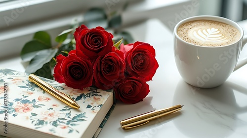 Close-up of a bouquet of red roses on a white tabletop, next to a hardcover spring-themed book, a golden click pen photo