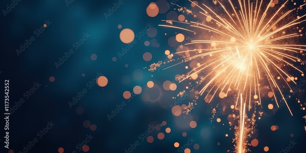 Obraz premium Golden Sparkler: A single firework bursts against a deep blue night sky, its golden sparks creating a dazzling display of celebration and hope.
