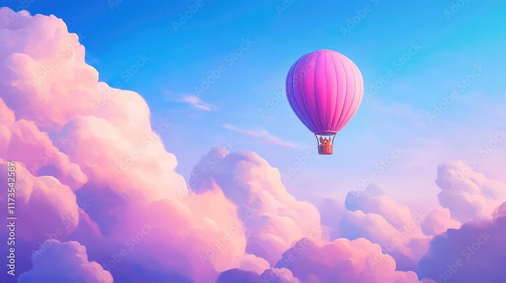 Fototapeta premium Pink hot air balloon floats amidst fluffy pastel clouds in a vibrant sky.