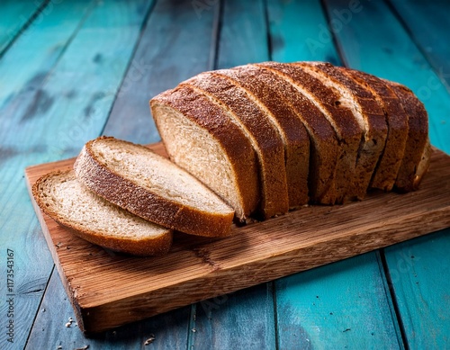 sliced loaf of freshly baked bread on wooden cutting board