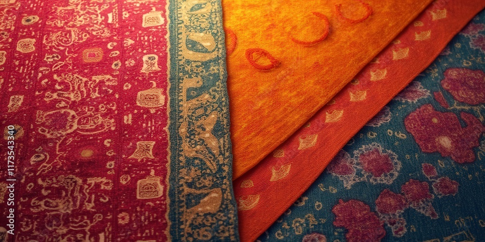Intricate Tapestry of Color & Design: A close-up shot of vibrant and richly patterned fabrics, showcasing intricate details and the artistry of textile design. Intricate Tapestry of Color & Design: A close-up shot of vibrant and richly patterned fabrics, showcasing intricate details and the artistry of textile design.