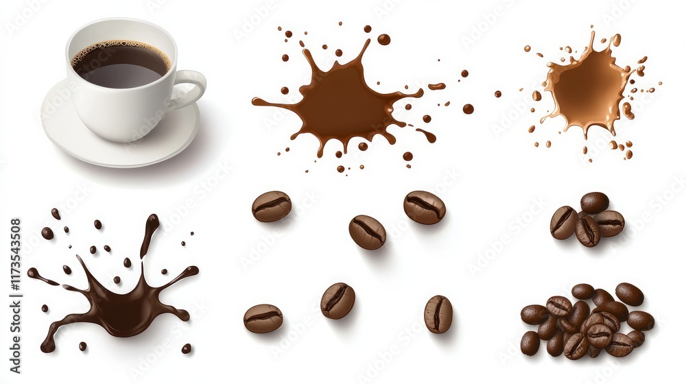 Obraz premium Realistic vector elements of coffee beans coffee cups coffee splashes and stains Ideal for backgrounds and logos