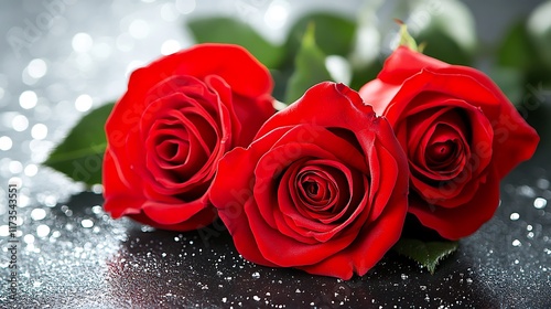 Close-up of three fresh red roses resting elegantly on a glossy black surface, with soft lighting highlighting their velvety textures and rich colors. photo