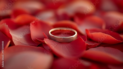 Gold wedding band resting on red flower petals photo