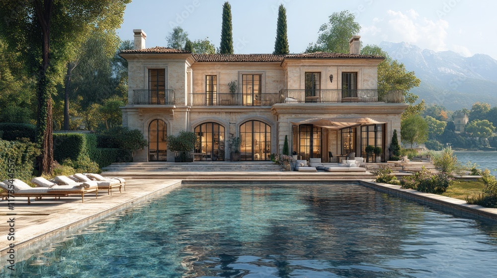 Fototapeta premium Luxury villa with pool and lake view.