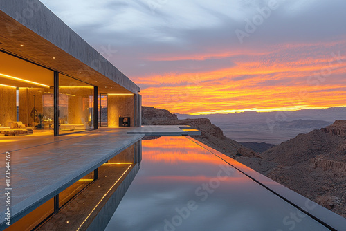 Desert villa with infinity pool reflecting sunset over canyon