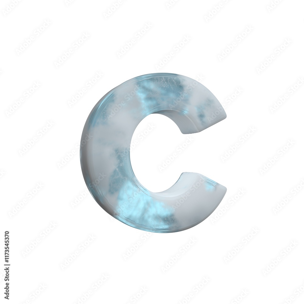 3D Render Frosty ice alphabet Letter C isolated on white background.