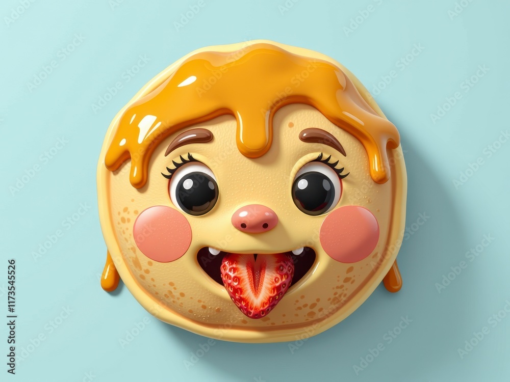 Fototapeta premium Adorable Pancake Cartoon Character with Syrup and Strawberry