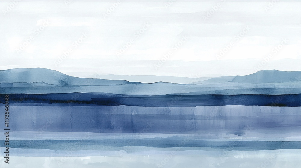 Obraz premium Abstract watercolor landscape painting in shades of blue, depicting layered mountains and a serene atmosphere.
