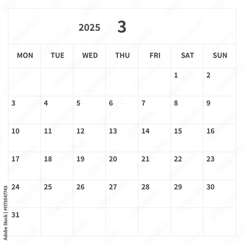 Simple square calendar for March 2025, vector, template Simple square calendar for March 2025, vector, template