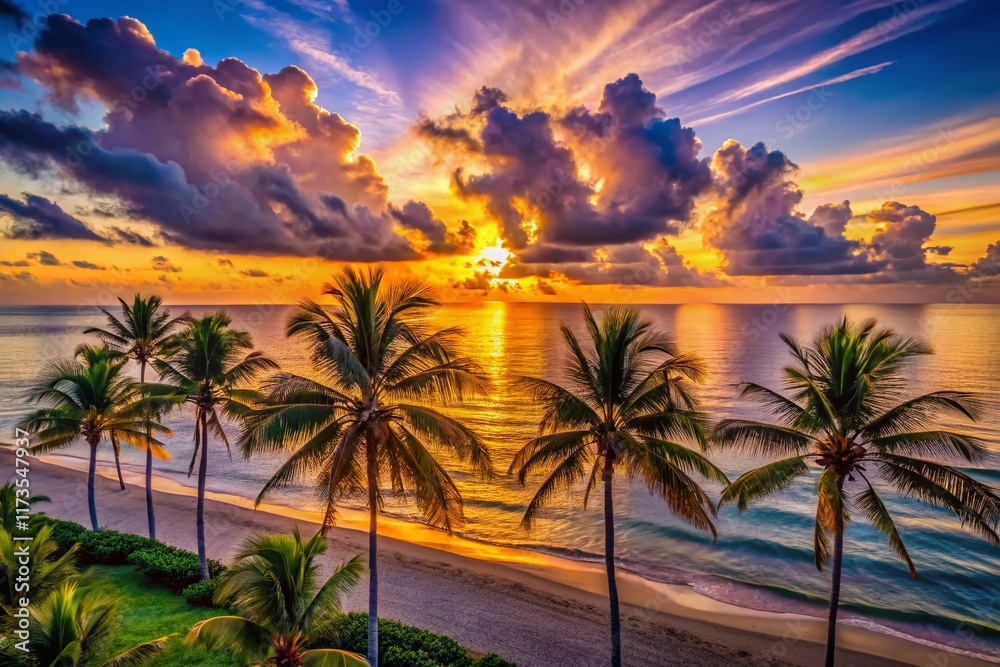 Naklejka premium Silhouetted Palm Trees at Sunrise, South Florida Aerial View