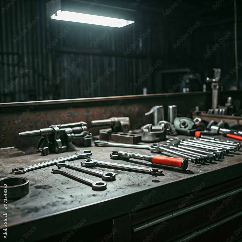 Fototapeta premium Auto industry tools on workbench for car service. Vehicle technical servicing background image for auto industry poster, banner and social media post.