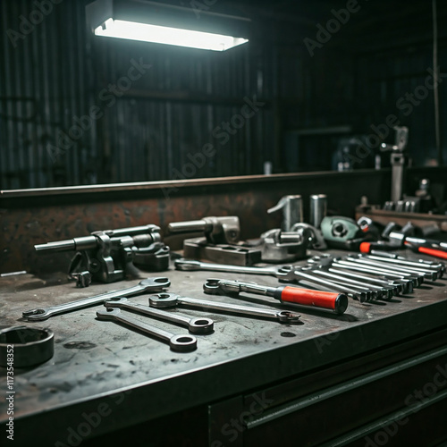 Auto industry tools on workbench for car service. Vehicle technical servicing background image for auto industry poster, banner and social media post. photo