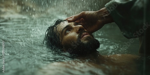 Biblical scene of Jesus receiving baptism from John in flowing water.