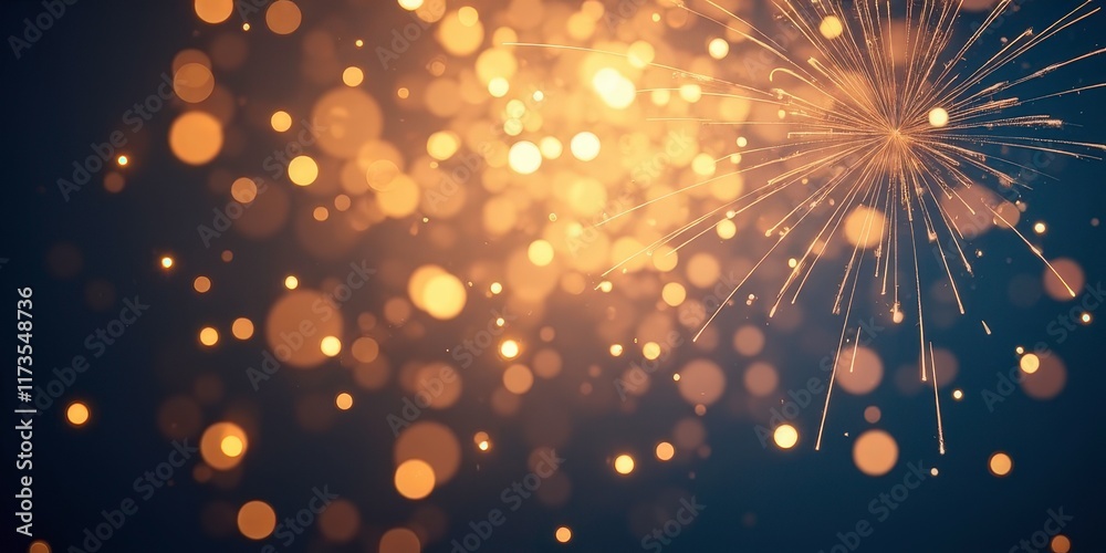 Obraz premium Sparkling Celebration: A burst of golden light erupts against a deep blue backdrop, capturing the essence of joy, excitement, and celebration. Perfect for illustrating special moments, new beginnings.