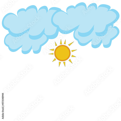 Stylized sun shining under fluffy blue cartoon clouds weather scene