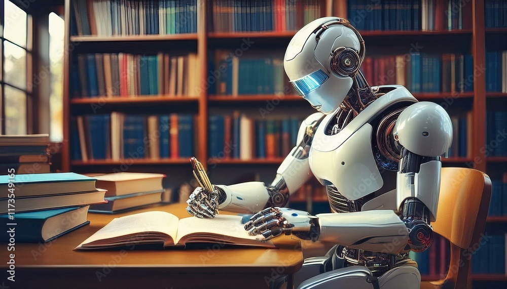 Fototapeta premium robot studying in quiet library
